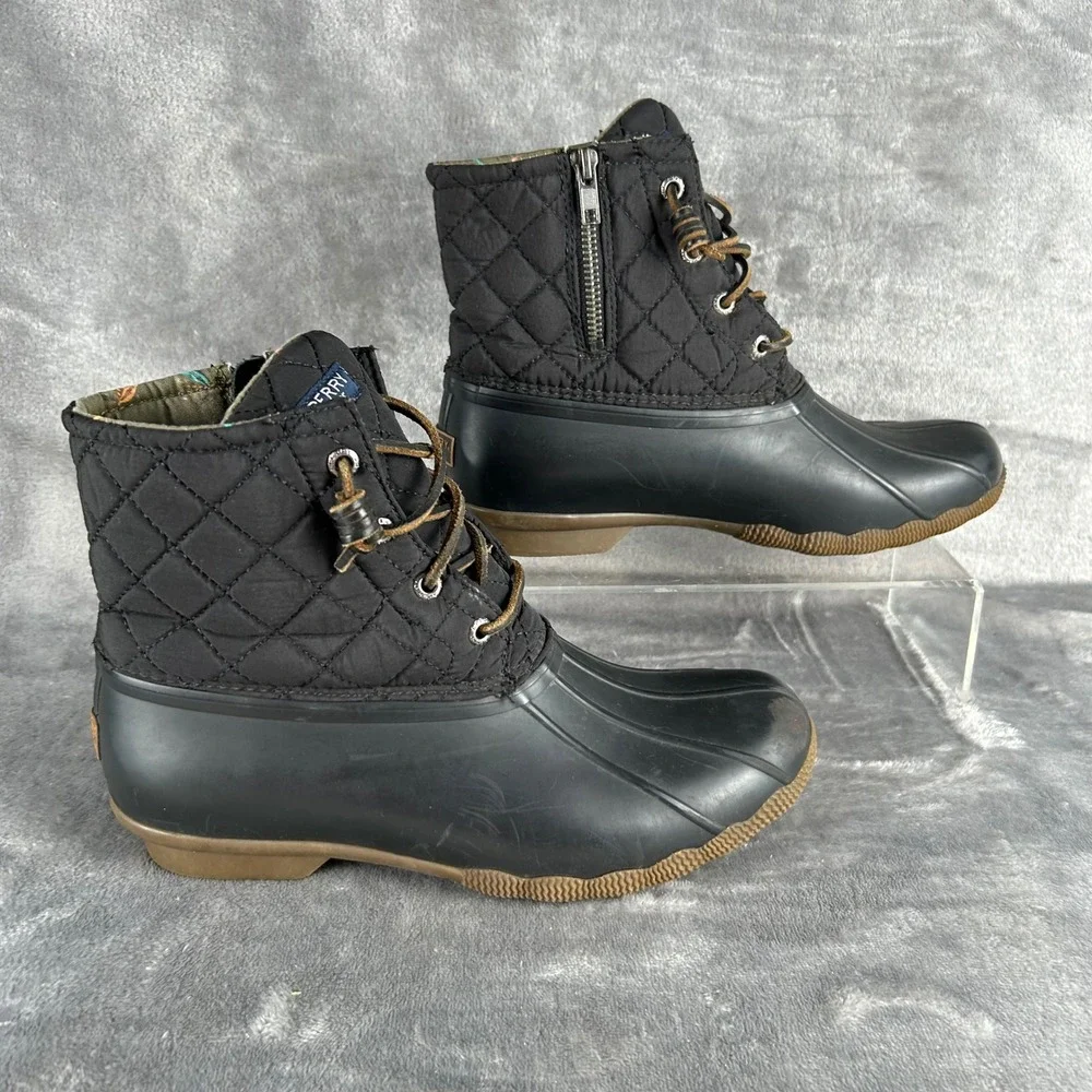 Sperry Saltwater Quilted Duck Boots Black Rubber Floral Lining STS94063 Size 8